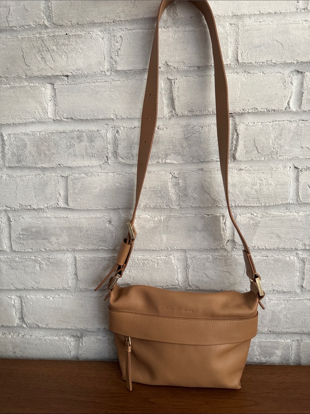 All Saints Cloette Tan Leather Crossbody Bag with dust bag